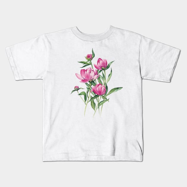 Watercolor peonies illustration Kids T-Shirt by InnaPatiutko